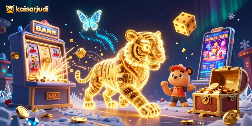 Play kaisarjudi in a vibrant digital casino landscape, featuring animated slot machines and dazzling effects.
