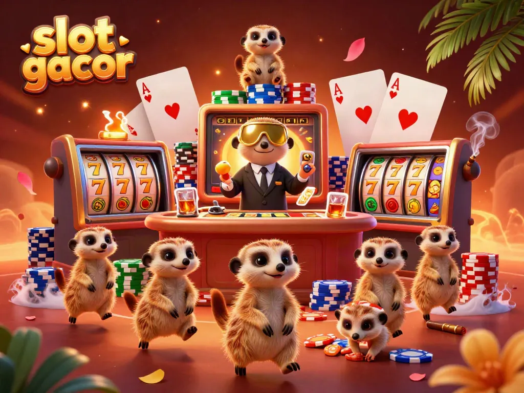 Immerse in the excitement of slot gacor with our meerkat casino scene featuring colorful slot reels and energetic gameplay.