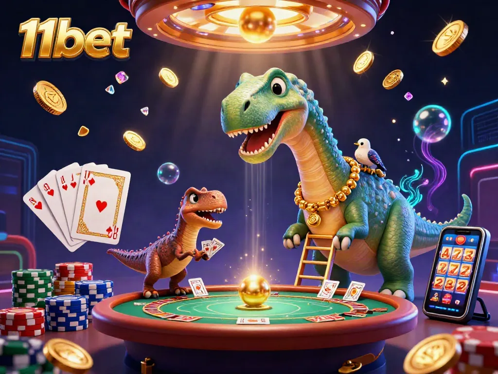 Engage with 11bet's exciting casino adventure featuring a brontosaurus and playful characters.