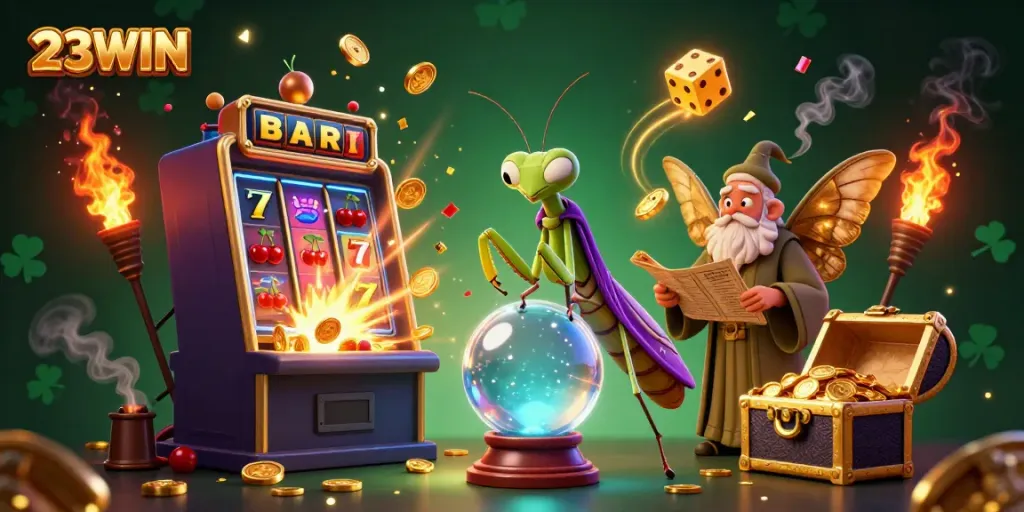 Experience the thrill of 23WIN with a vibrant illustration of a fortune teller, moth librarian, and casino elements showcasing the excitement of online gaming.