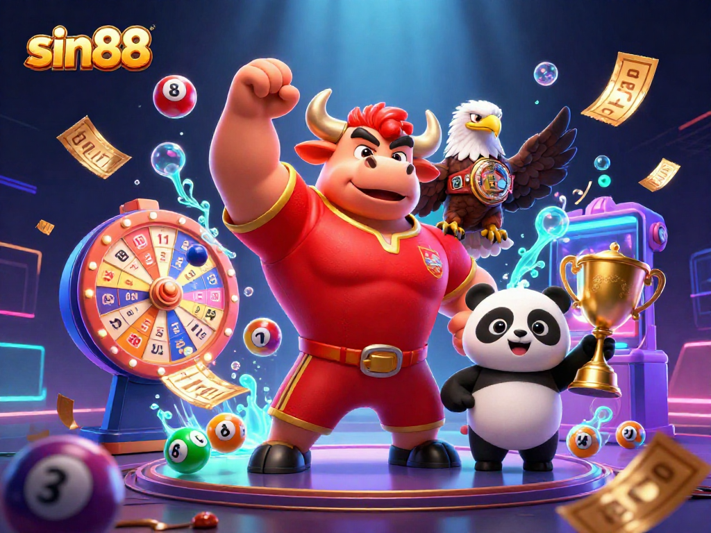Join the excitement with sin88, featuring a cartoon bull triumphantly surrounded by vibrant casino elements.