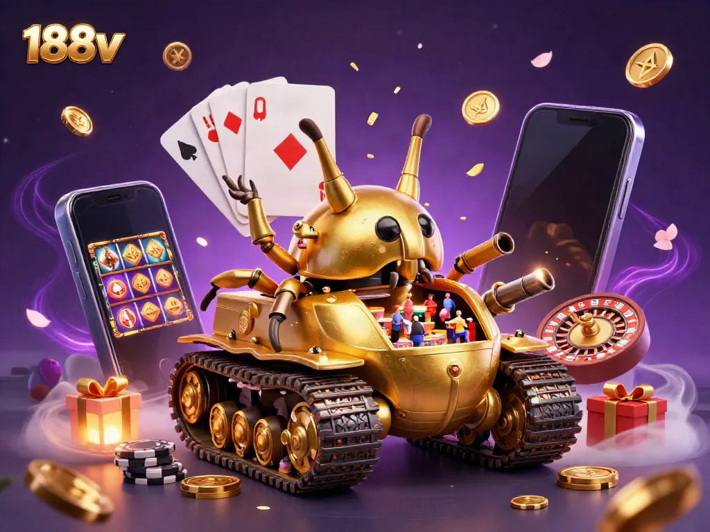 Experience the vibrant 188v casino scene with a golden beetle tank revealing a miniature casino and dynamic game elements.