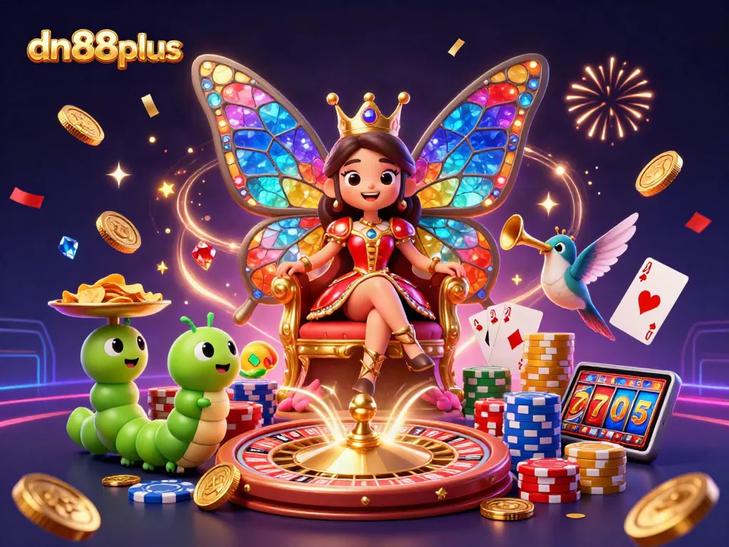 Win big at dn88plus with a vibrant 3D casino illustration featuring a butterfly queen and dazzling game elements.