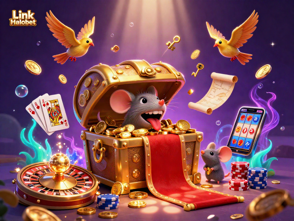 Engaging 3D illustration of Link Halobet depicting a golden treasure chest mimic attracting adventurer mice with casino elements.