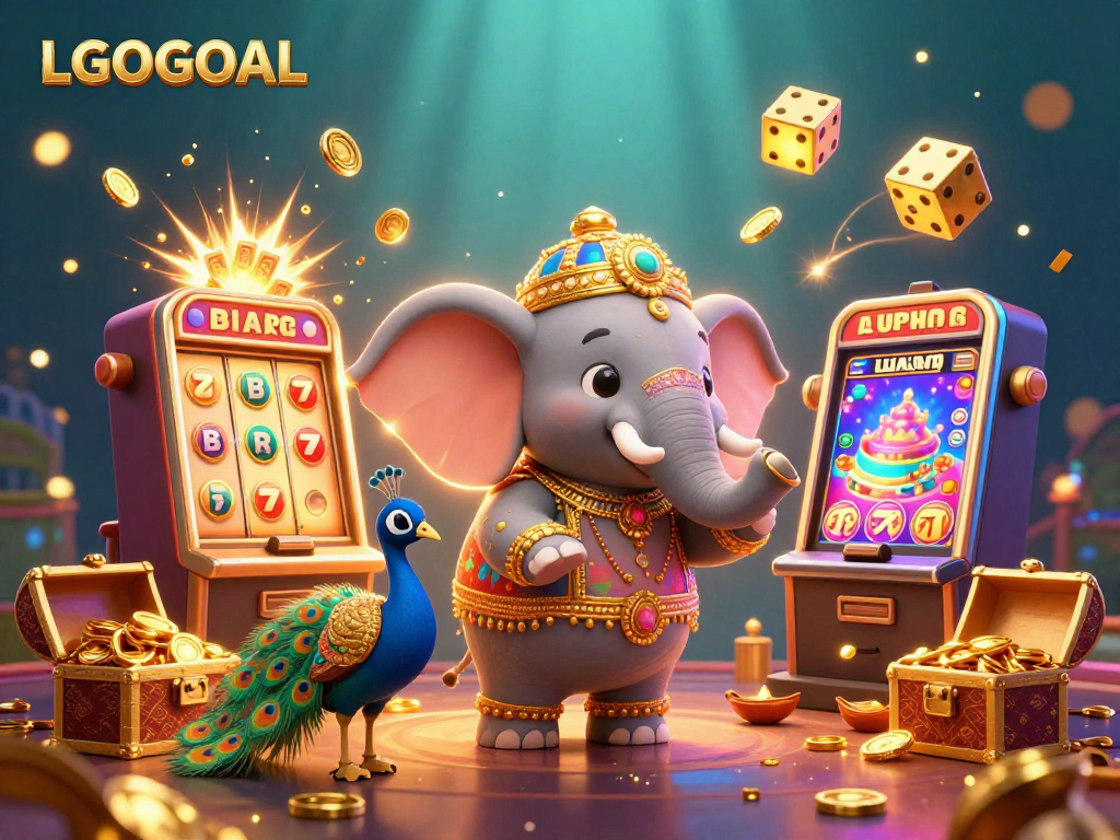 Experience the excitement of LGOGOAL in a vibrant casino scene featuring a jackpot elephant and thrilling slot machine action.
