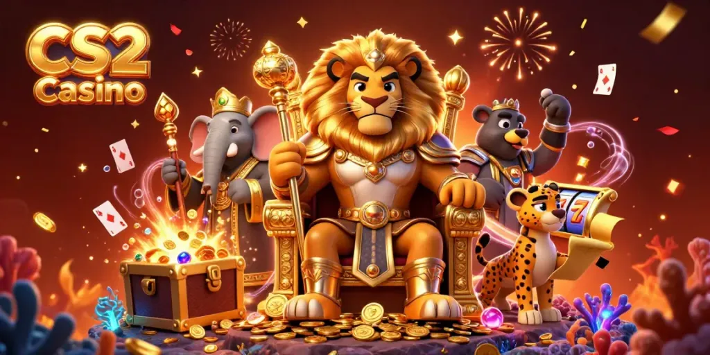 Experience thrilling gameplay at CS2 Casino with a fierce lion king and vibrant slots in an exciting setting.