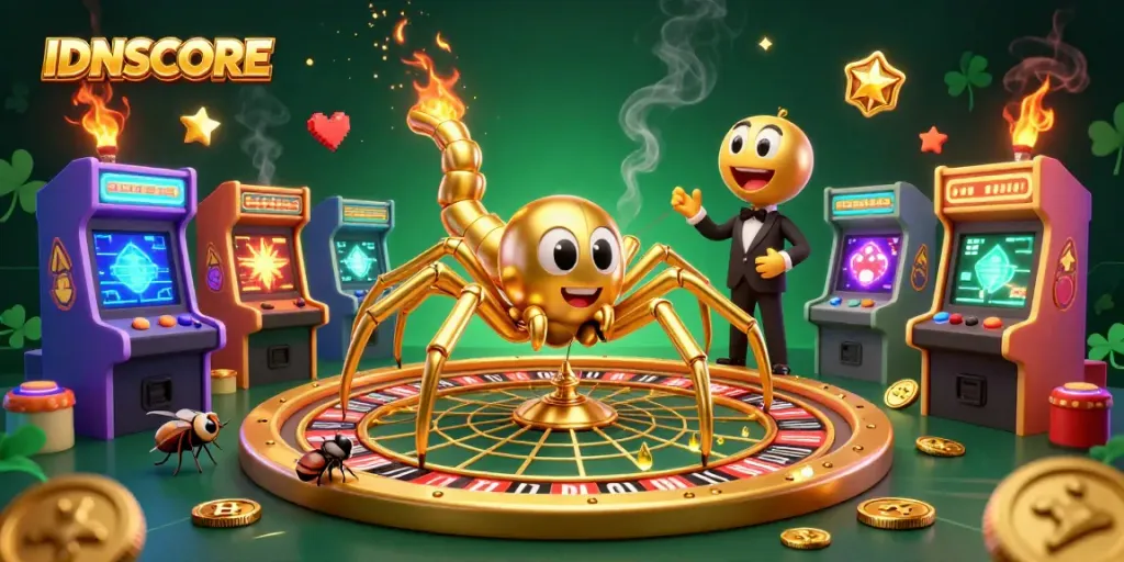 Bet and win at IDNSCORE with a fun 3D casino illustration featuring a spider and centipede in action.