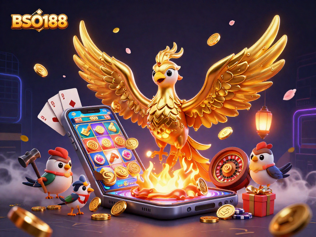Experience thrilling wins with BSO188 in this vibrant 3D gaming illustration.
