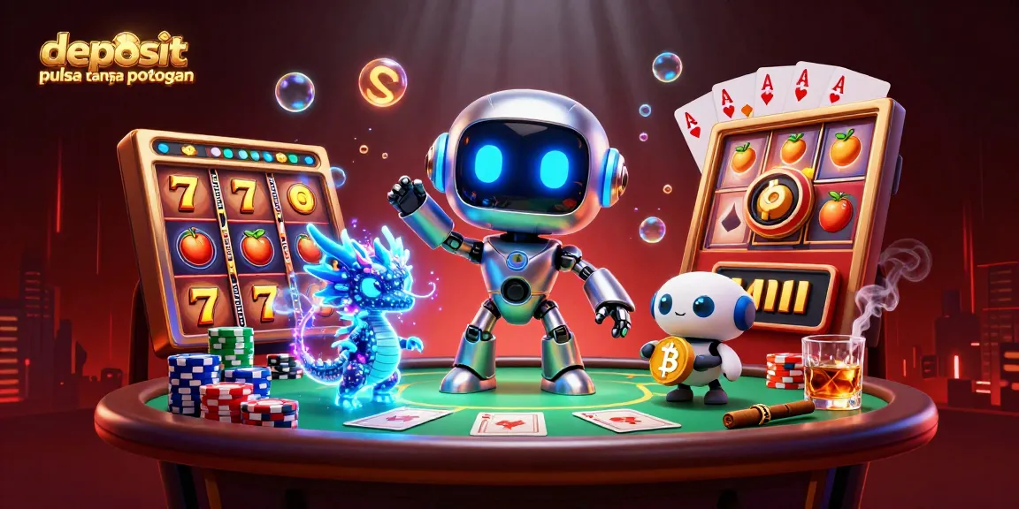 Deposit pulsa tanpa potongan depicted with vibrant casino elements and characters in a bustling gaming scene.