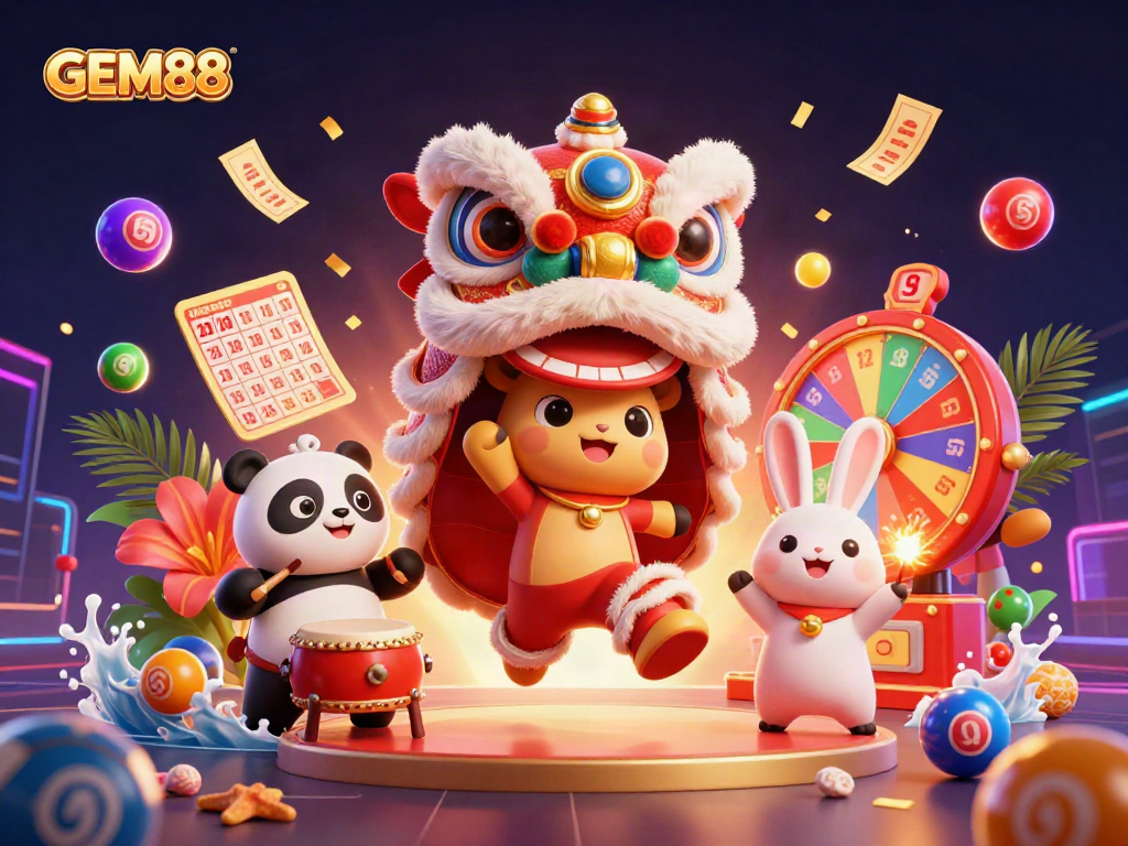 Play exciting games at GEM88 with vibrant characters and dynamic prizes in a lively casino illustration.