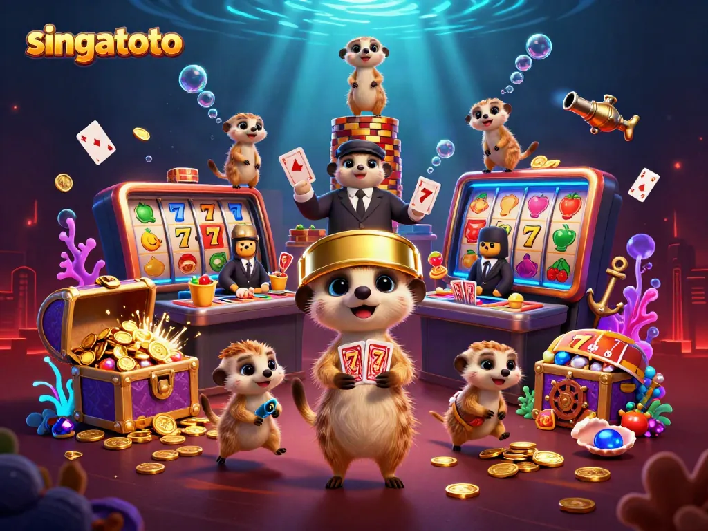 Experience the vibrant slot action of singatoto with meerkats running a joyful casino operation amidst bioluminescent treasure.
