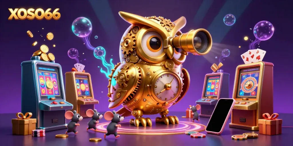 XOSO66 showcases an engaging casino scene with a golden owl, vibrant games, and glowing elements.