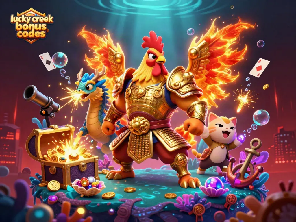 Spin and win with lucky creek bonus codes in this vibrant casino-themed illustration.