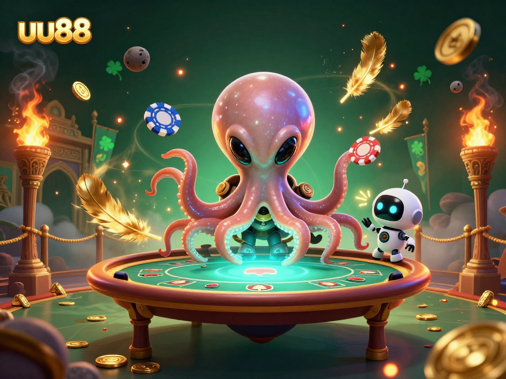 Engage with uu88's captivating poker action as a vibrant alien octopus operates a holographic table.