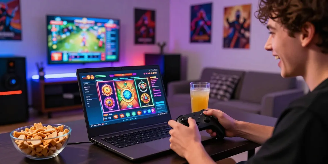 Engaged user enjoying NX303 daftar on gaming platform with vibrant slot games and snacks.