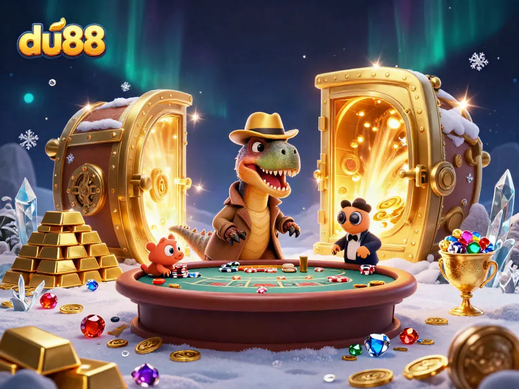 Engage in du88 at a vibrant casino scene with cartoon velociraptor and friends amidst treasures and excitement.
