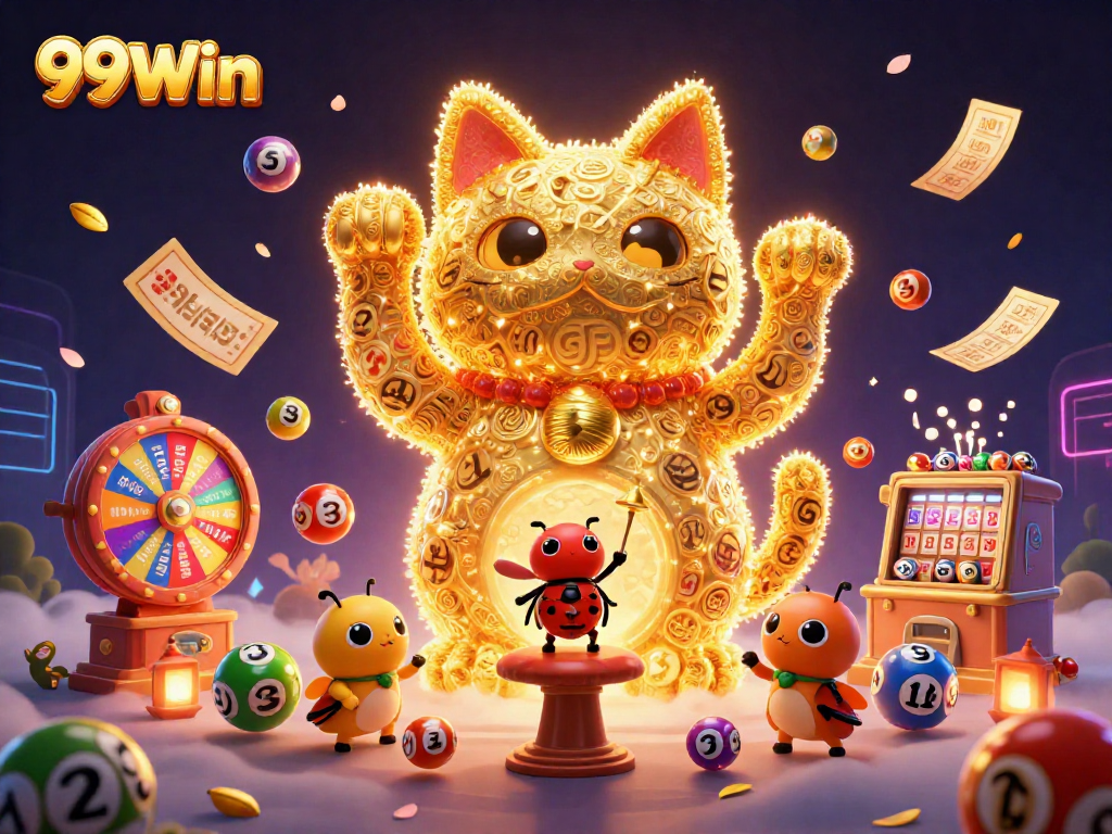 Experience thrilling wins with 99Win's vibrant lottery and casino games, featuring dynamic symbols and lucky cat!