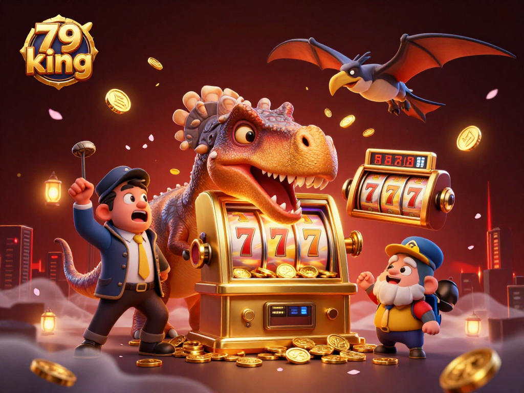 79 king features a pachycephalosaurus celebrating jackpot wins alongside casino characters in a vibrant 3D scene.