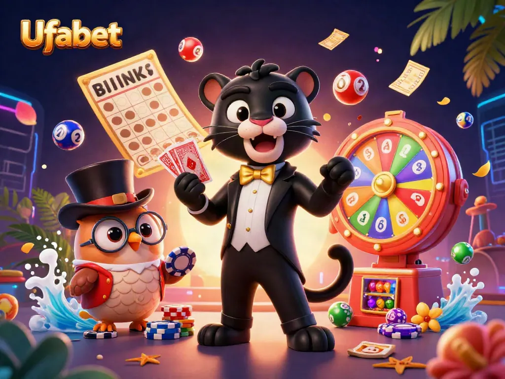 Experience thrilling gameplay with Ufabet in a vibrant casino scene featuring a playful panther, owl, and lucky mouse.