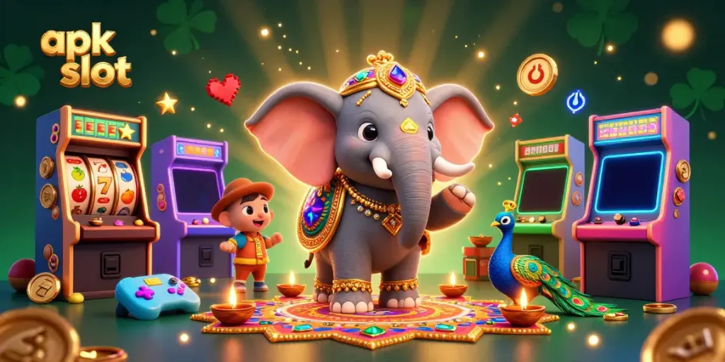 Engage with apk slot gaming in this vibrant casino scene featuring animated characters and classic slot machines.