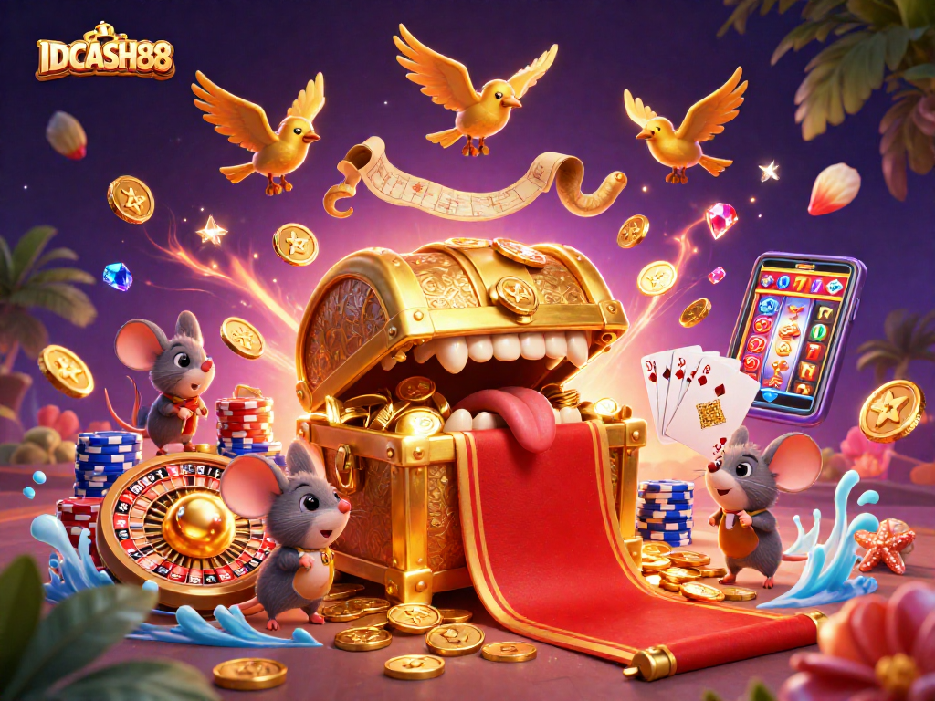 Experience the thrill of casino gaming with IDCASH88's vibrant 3D treasure chest illustration.