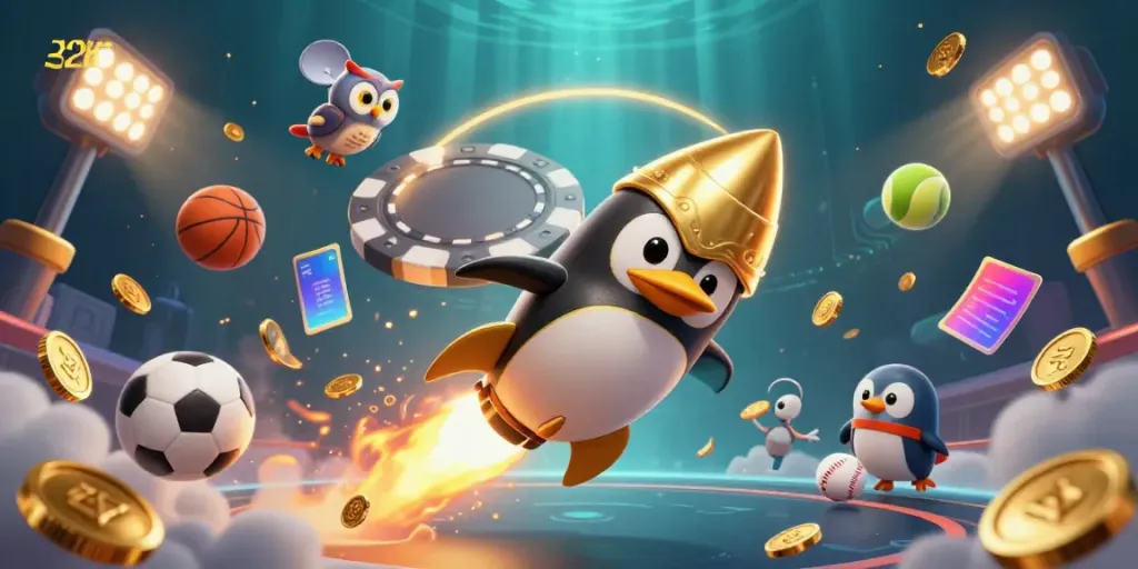 Experience the exhilarating world of 32win with a vivid 3D scene showcasing dynamic casino elements and characters.