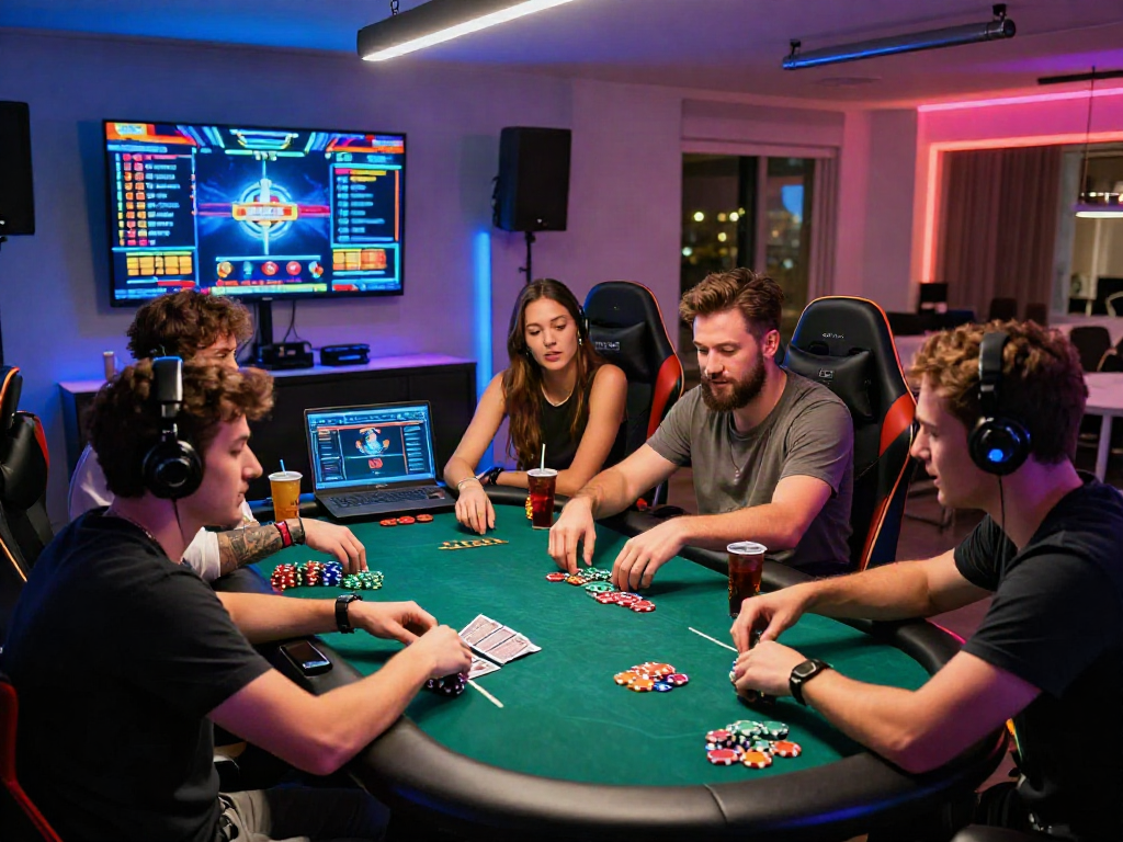 Friends enjoying poker night featuring 789win gaming options with laptops and vibrant decor.