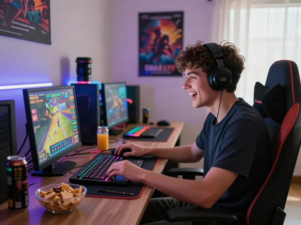 A young adult engaged in online gaming on a laptop, showcasing akunjp gaming excitement.