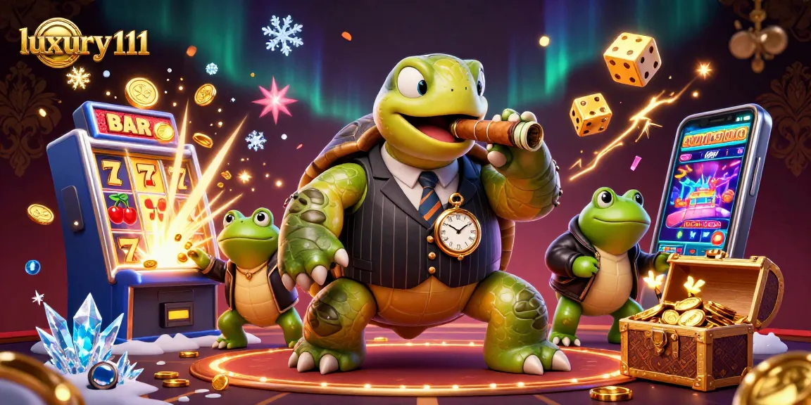 Experience luxury111 with a mobster turtle amidst a vibrant casino celebration!