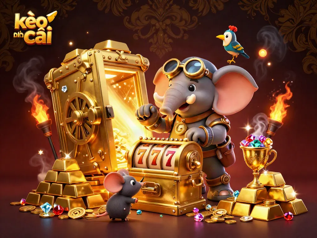 Experience kèo nhà cái with a dynamic 3D scene featuring a steampunk elephant engineer and slot machine action.