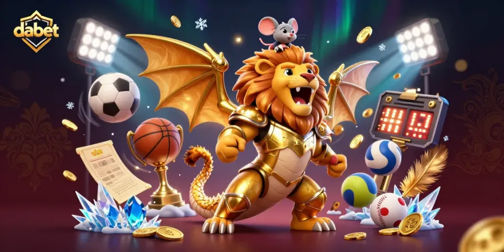Engage with Dabet's thrilling gaming experience featuring a roaring chimera, sports elements, and magical visuals.