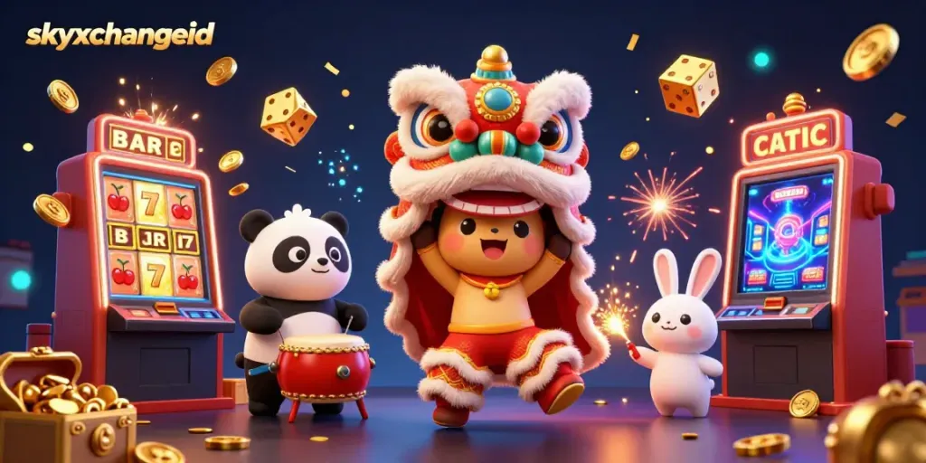 Experience the vibrant action of gambling with skyxchangeid featuring a lively lion dance and casino elements.