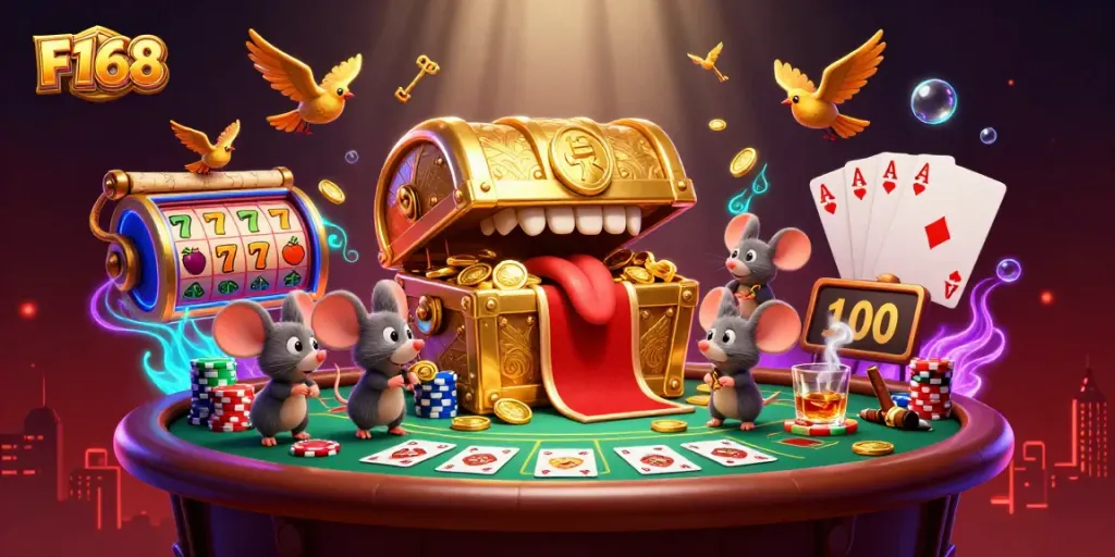 Engage with F168's thrilling adventure featuring treasure chests and vibrant casino elements.