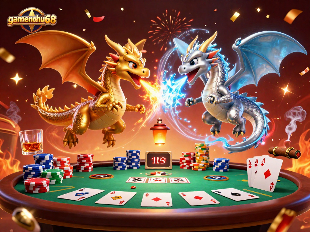 Experience gamenohu68 magic as fiery dragons and poker elements blend in a vibrant casino scene.