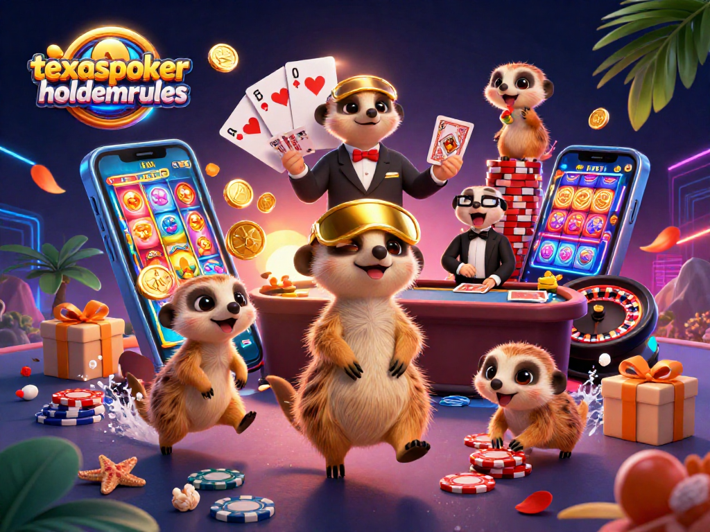 Experience excitement with texaspokerholdemrules in an animated meerkat casino scene.
