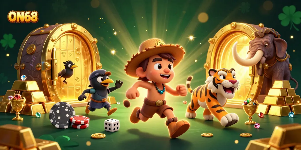 ON68 casino illustrated with cavemen and treasures while engaging in thrilling gaming adventures.