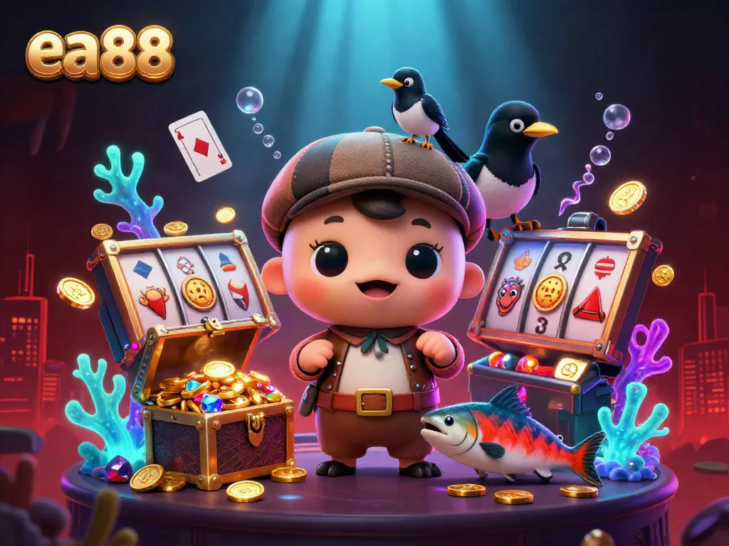 Spin the reels with ea 88 in a vibrant, lively gambling scene featuring cute characters and dynamic gambling elements.