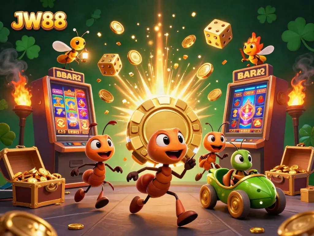 Experience thrilling adventures with JW88 as cartoon ants carry a giant poker chip in a vibrant casino heist scene.