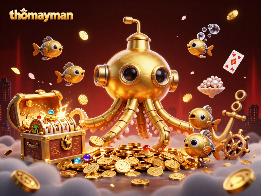 thomayman players engage with golden kraken submarine amidst vibrant treasure in a thrilling jackpot scene