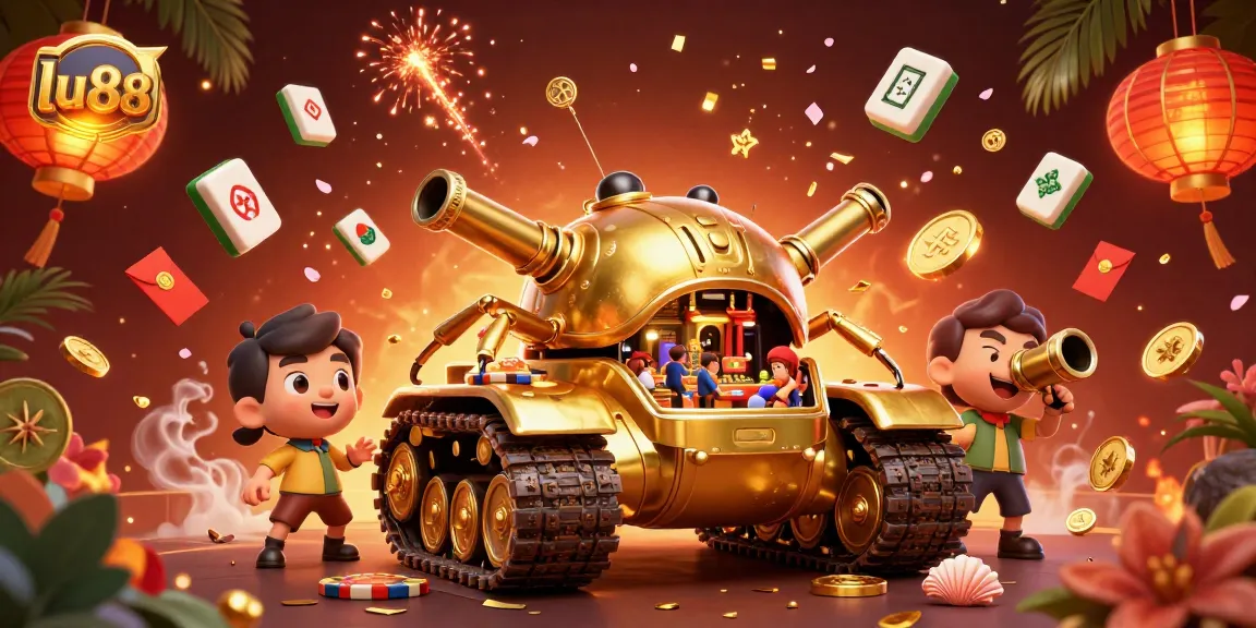 Experience the excitement of lu88 with a dynamic golden beetle tank casino illustration full of vibrant gaming elements.