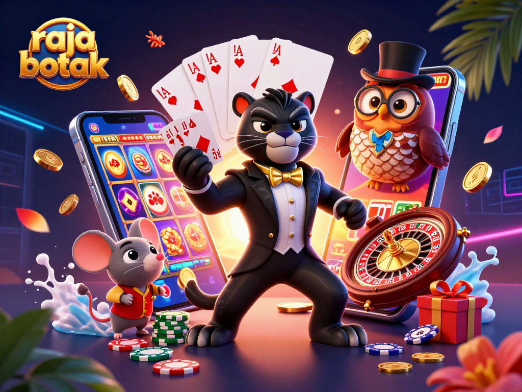 Experience thrilling gameplay with raja botak as stylish characters deal cards and display vibrant slot games