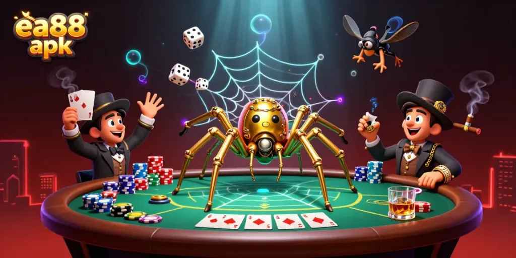 Engage with the exciting atmosphere of ea88 apk casino illustration featuring a golden spider, poker chips, and dramatic game elements.