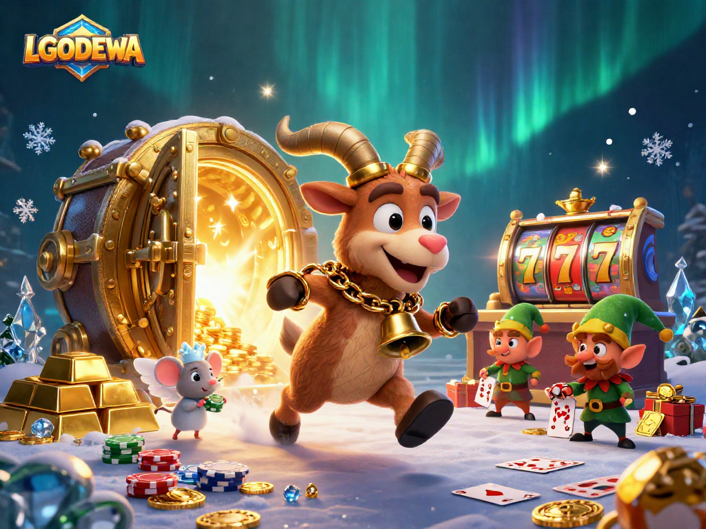 Experience the thrilling casino vibe at LGODEWA with exciting slot reels and animated characters in a festive scene.