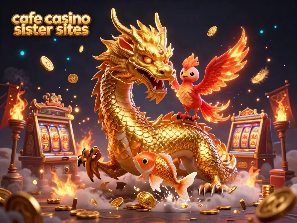 Experience thrilling fun at cafe casino sister sites with a vibrant 3D dragon and slot elements.