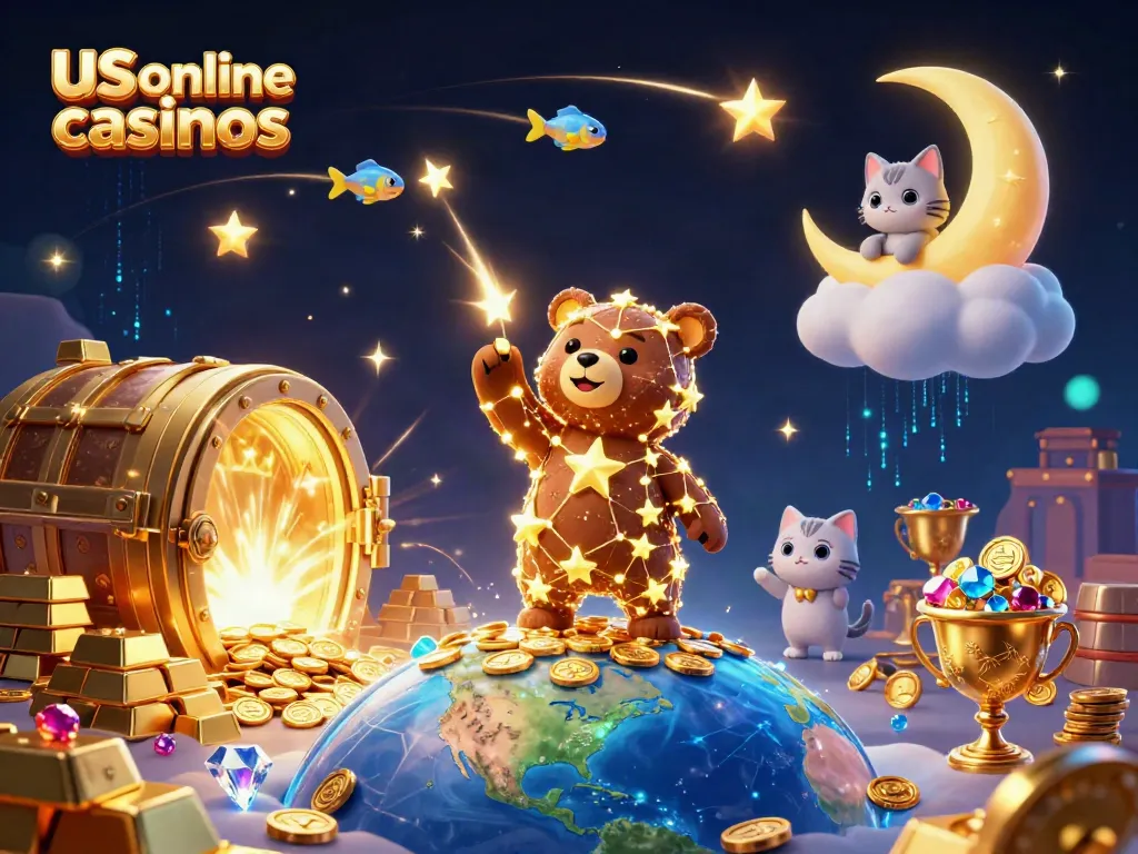Witness the magic of us online casinos as the constellation bear collects coins amid a treasure-filled landscape.
