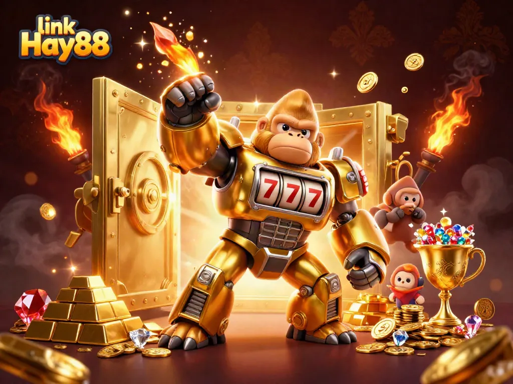 Experience thrilling wins at link Hay88 with a captivating scene of a golden gorilla mech surrounded by treasures and action.