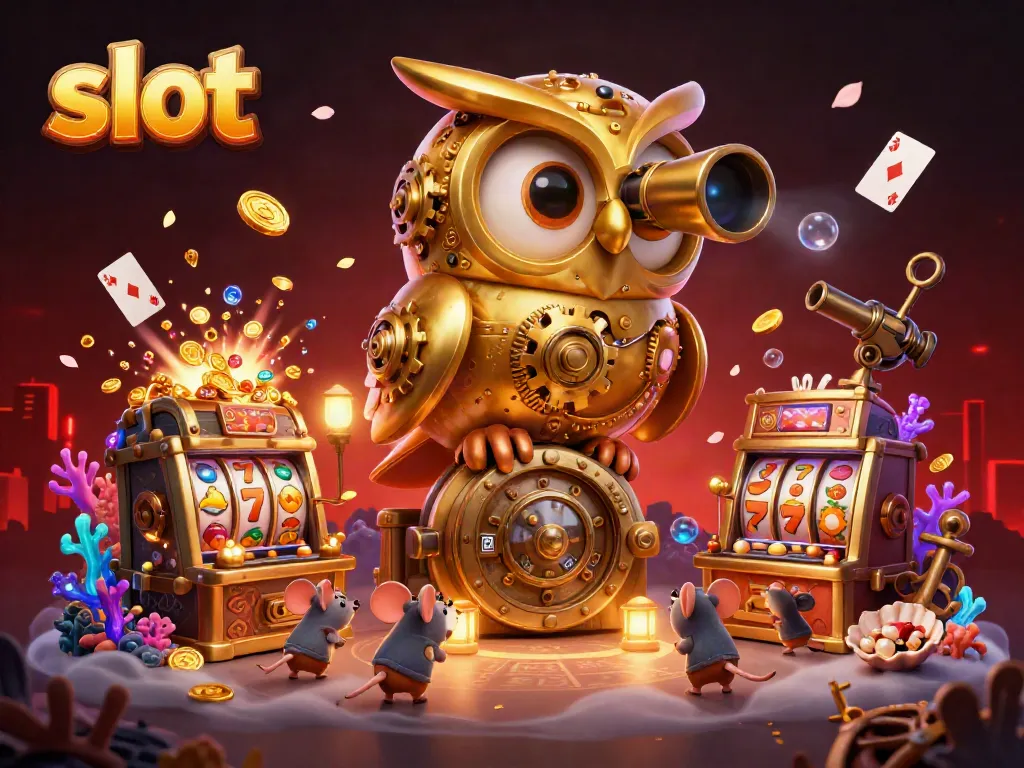 Experience the excitement of slot games with a lively golden owl scanning the casino floor.