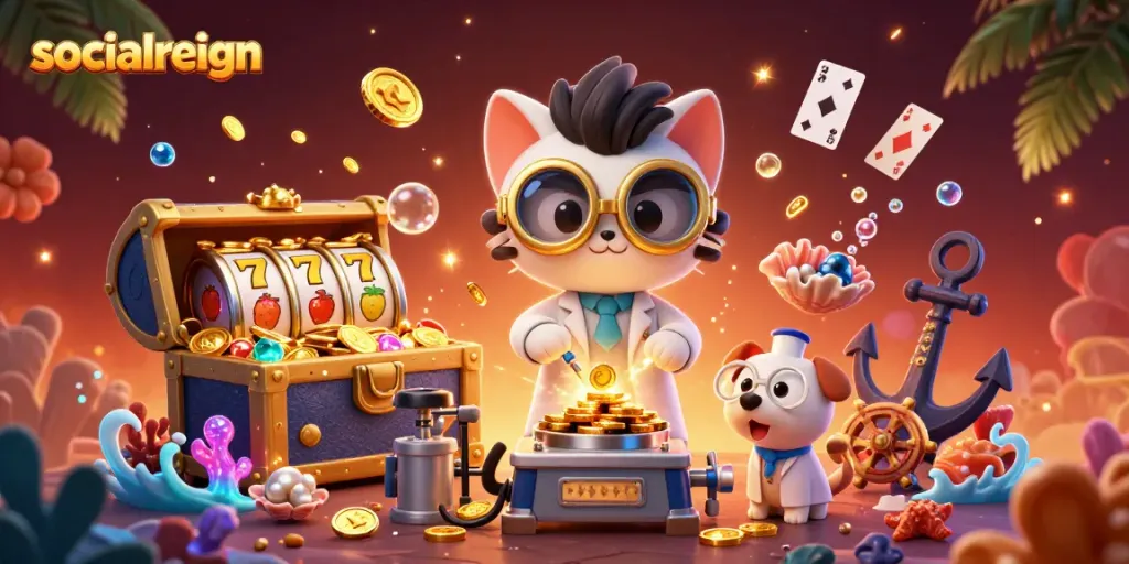 Experience excitement with socialreign as cartoon characters create cash rewards in a vibrant casino scene.