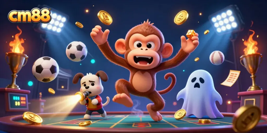 Engage with cm88 in a vibrant gambling scene featuring a playful poltergeist monkey and a curious puppy.