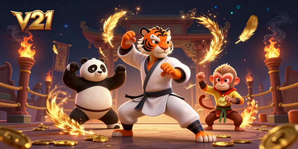 Gambaran dinamis v21 dengan karakter kasino, harimau kung fu dan panda dalam aksi menarik.